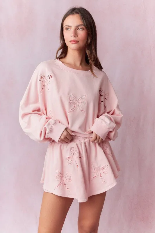 Bow Lace Laser Cut Embellished French Terry Top