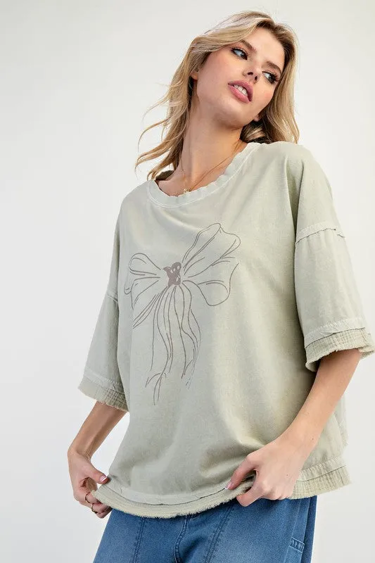Bow Print Mineral Washed Cotton Knit Top