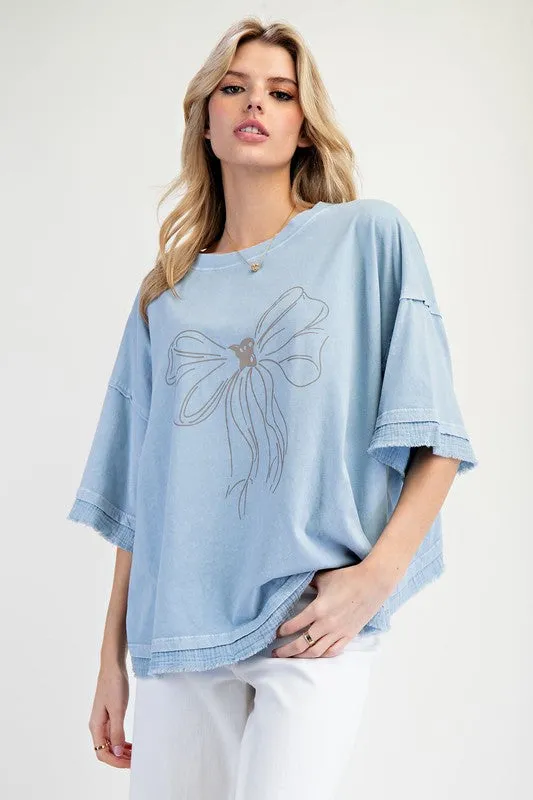 Bow Print Mineral Washed Cotton Knit Top