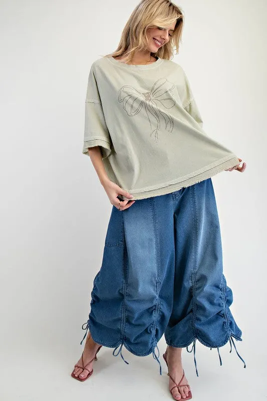Bow Print Mineral Washed Cotton Knit Top