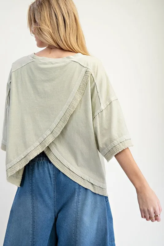 Bow Print Mineral Washed Cotton Knit Top
