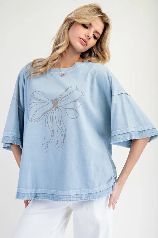 Bow Print Mineral Washed Cotton Knit Top