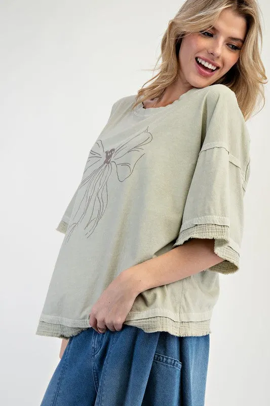 Bow Print Mineral Washed Cotton Knit Top