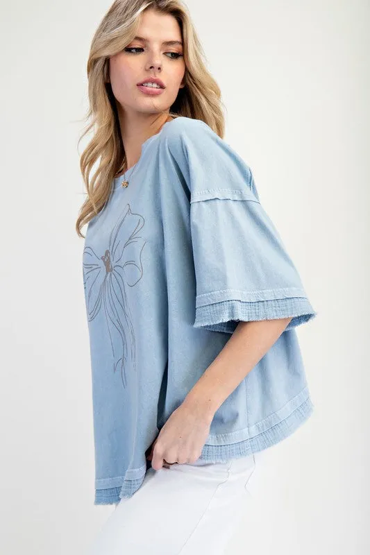 Bow Print Mineral Washed Cotton Knit Top