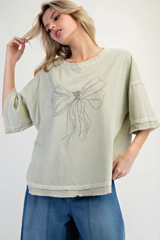 Bow Print Mineral Washed Cotton Knit Top