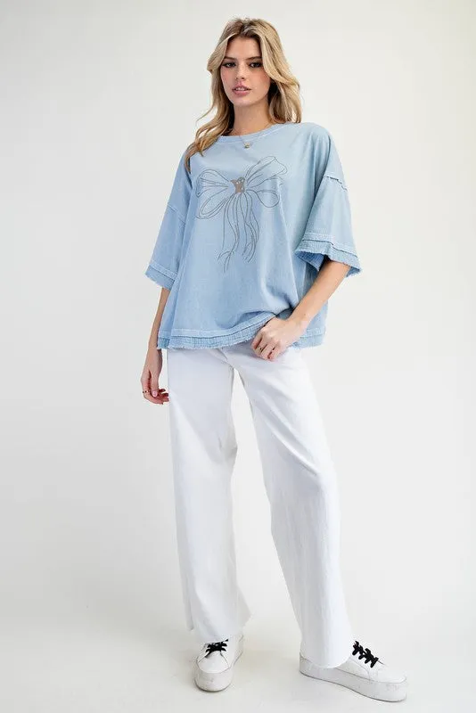 Bow Print Mineral Washed Cotton Knit Top