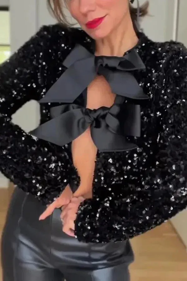 Bowtie Luxe™ | Women's Tie-Front Bow Sequined Jacket | Stylish Sequins, Front Tie Closure & Lightweight Design