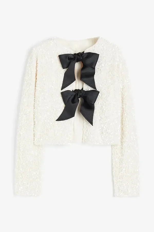 Bowtie Luxe™ | Women's Tie-Front Bow Sequined Jacket | Stylish Sequins, Front Tie Closure & Lightweight Design