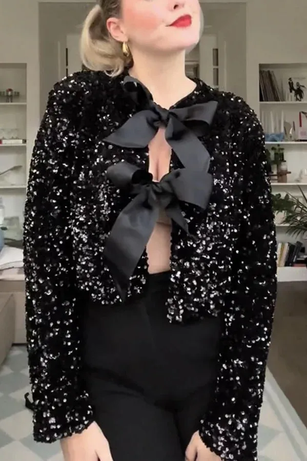 Bowtie Luxe™ | Women's Tie-Front Bow Sequined Jacket | Stylish Sequins, Front Tie Closure & Lightweight Design