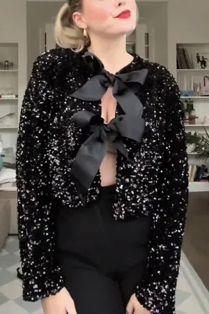 Bowtie Luxe™ | Women's Tie-Front Bow Sequined Jacket | Stylish Sequins, Front Tie Closure & Lightweight Design