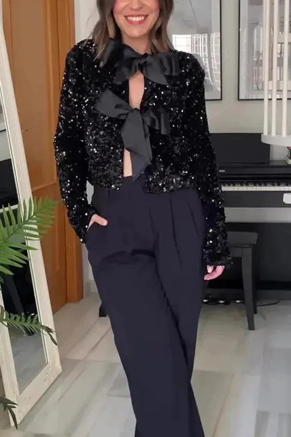 Bowtie Luxe™ | Women's Tie-Front Bow Sequined Jacket | Stylish Sequins, Front Tie Closure & Lightweight Design