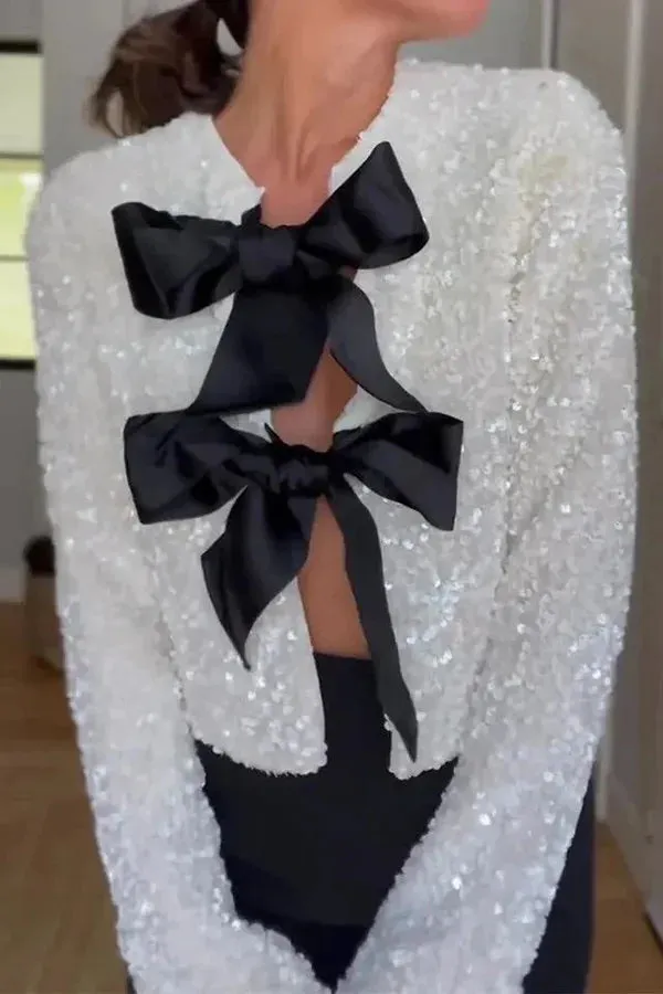 Bowtie Luxe™ | Women's Tie-Front Bow Sequined Jacket | Stylish Sequins, Front Tie Closure & Lightweight Design