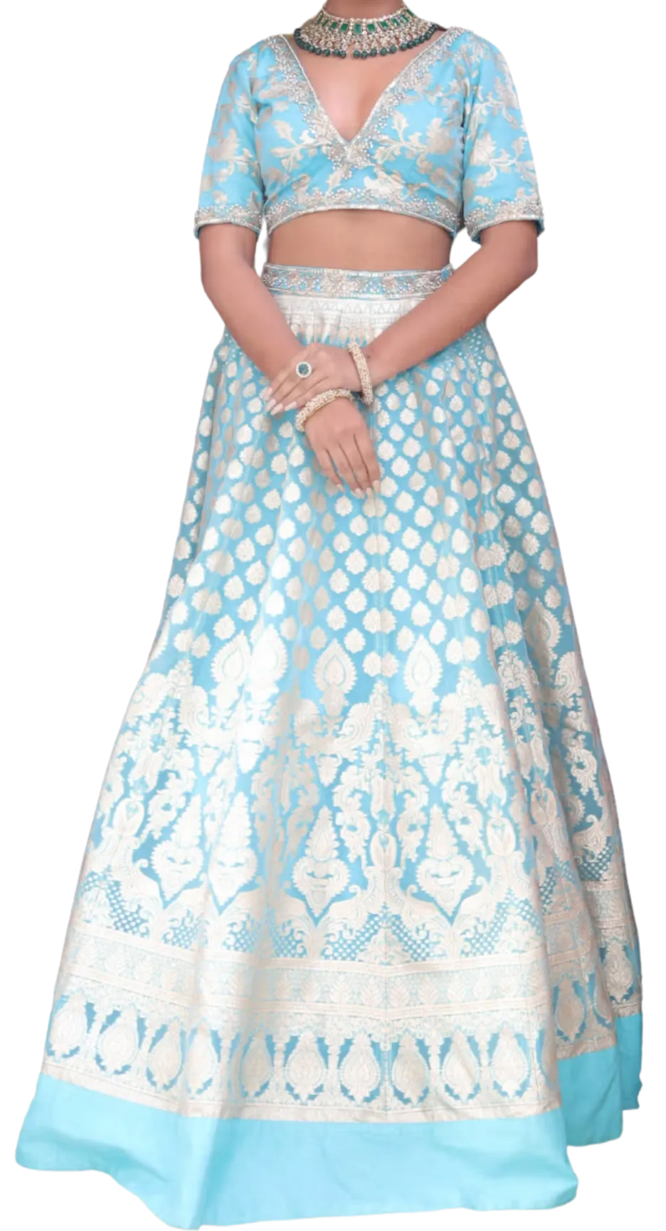 Bright Blue Based Organza Banarasi Lehenga