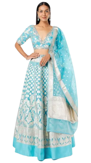 Bright Blue Based Organza Banarasi Lehenga
