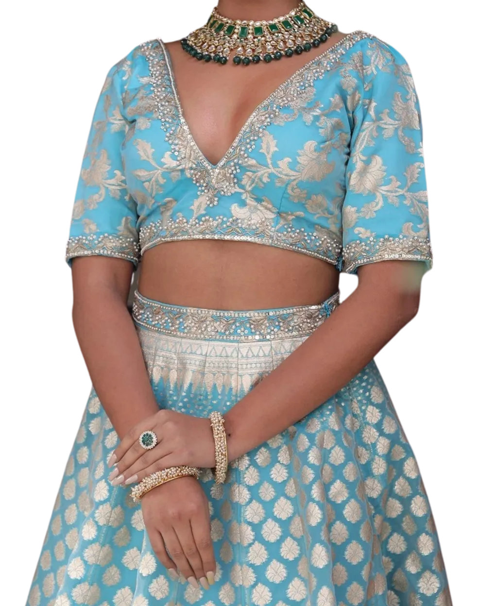 Bright Blue Based Organza Banarasi Lehenga