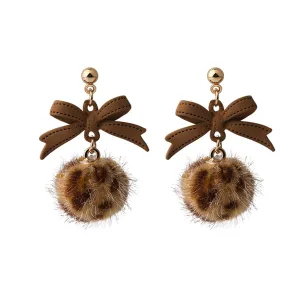Brown Enamel & Pom-Pom 18K Gold-Plated Leopard Bow Ball Drop Earrings