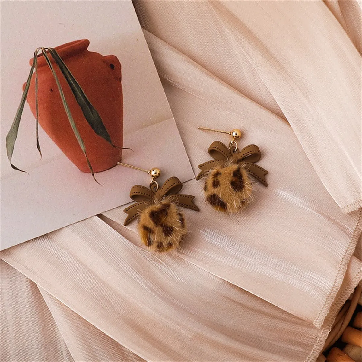 Brown Enamel & Pom-Pom 18K Gold-Plated Leopard Bow Ball Drop Earrings