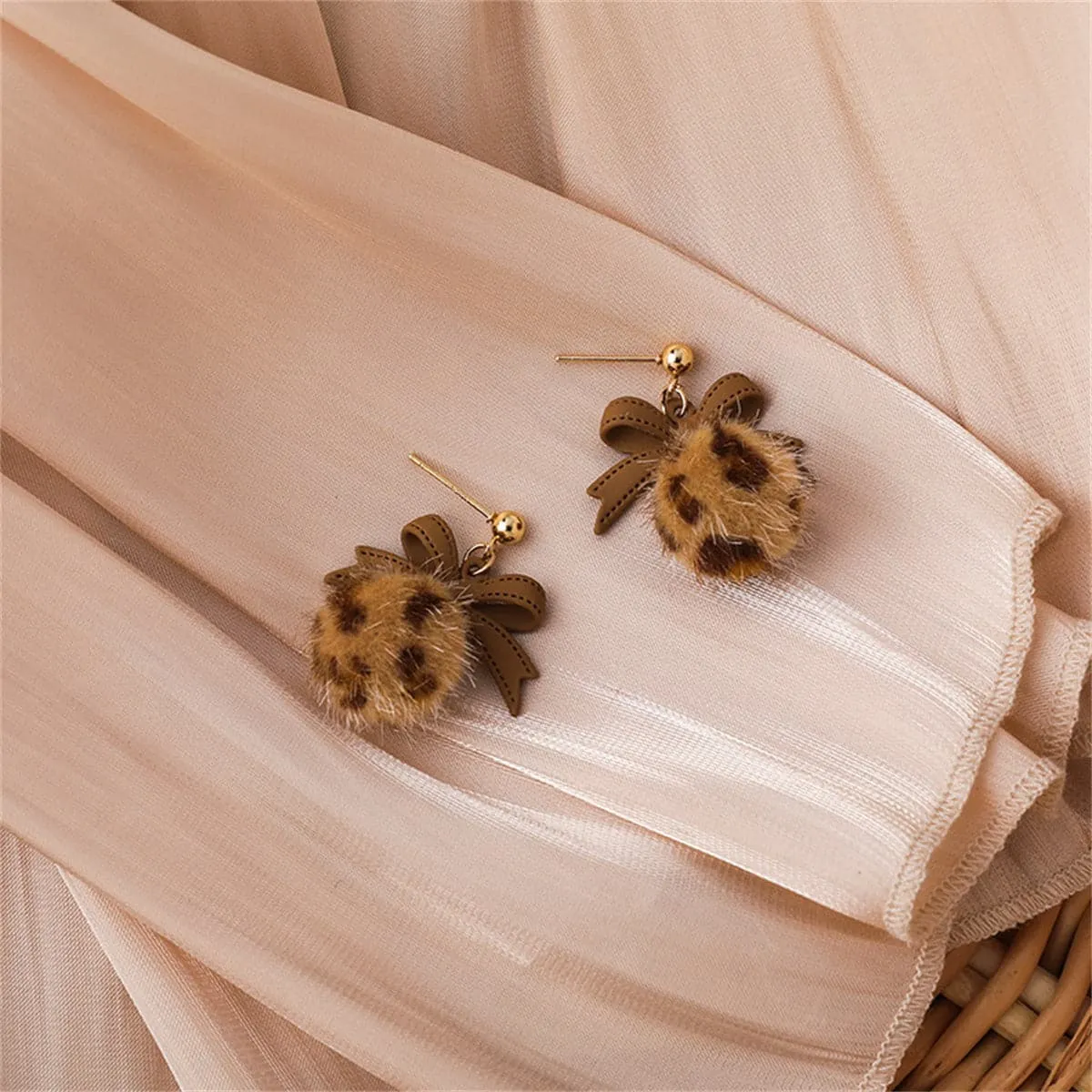 Brown Enamel & Pom-Pom 18K Gold-Plated Leopard Bow Ball Drop Earrings