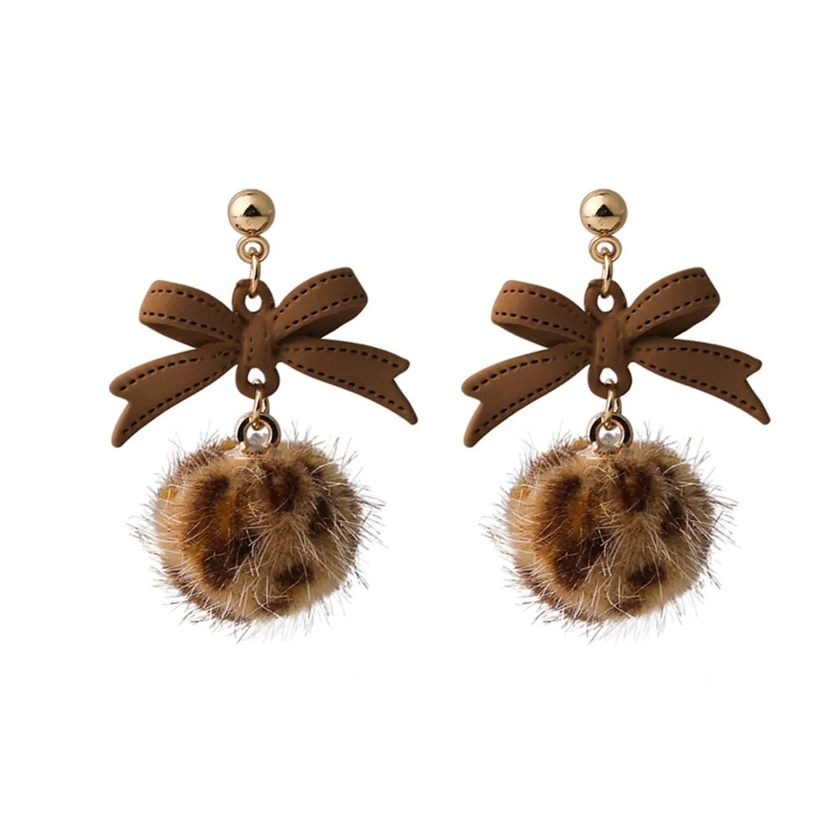 Brown Enamel & Pom-Pom 18K Gold-Plated Leopard Bow Ball Drop Earrings