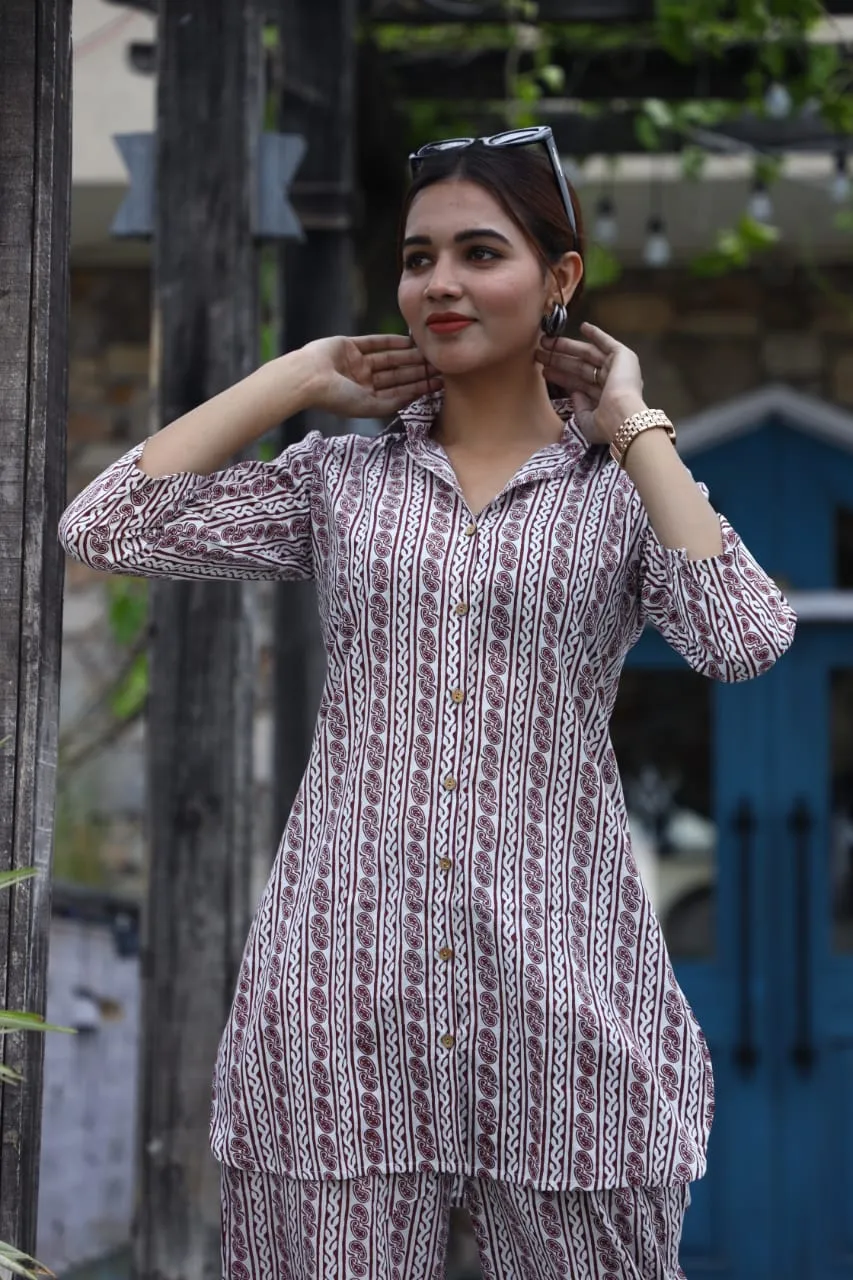 Brown Stripe Look Cord Set In Comfy Cotton