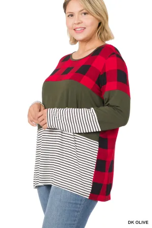 Buffalo Plaid Stripe Dark Olive Color Block Splicing Top - Plus
