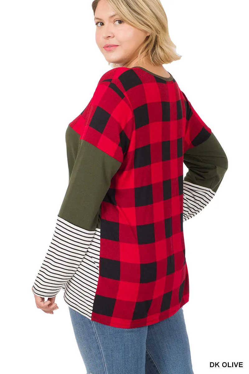 Buffalo Plaid Stripe Dark Olive Color Block Splicing Top - Plus