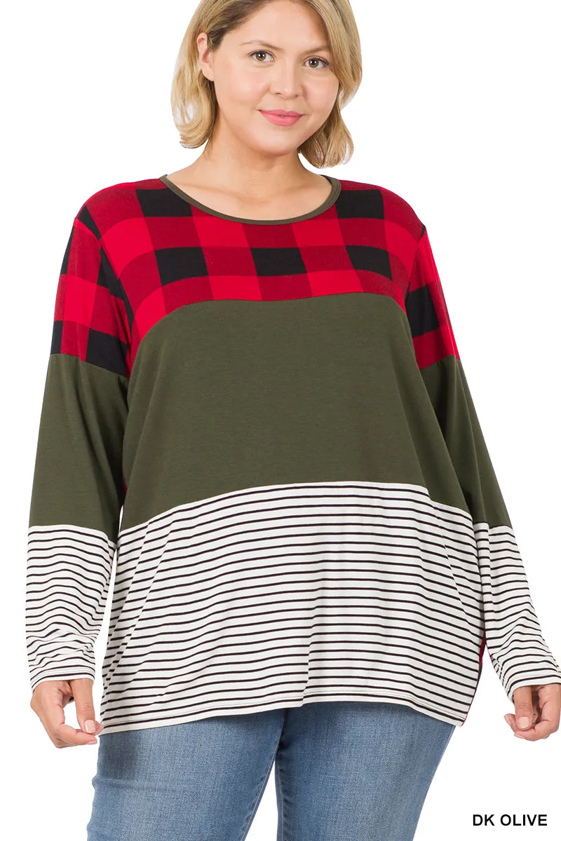 Buffalo Plaid Stripe Dark Olive Color Block Splicing Top - Plus