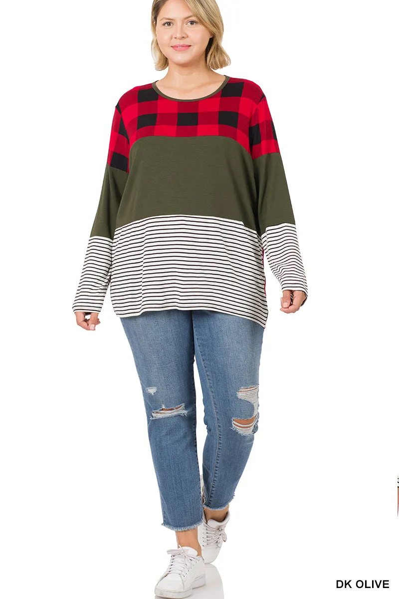 Buffalo Plaid Stripe Dark Olive Color Block Splicing Top - Plus