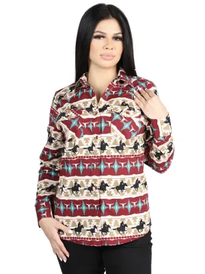 Camisa Vaquera Manga Larga Estampada Caballos Marfil para Mujer 'El Señor de los Cielos' - ID: 44480