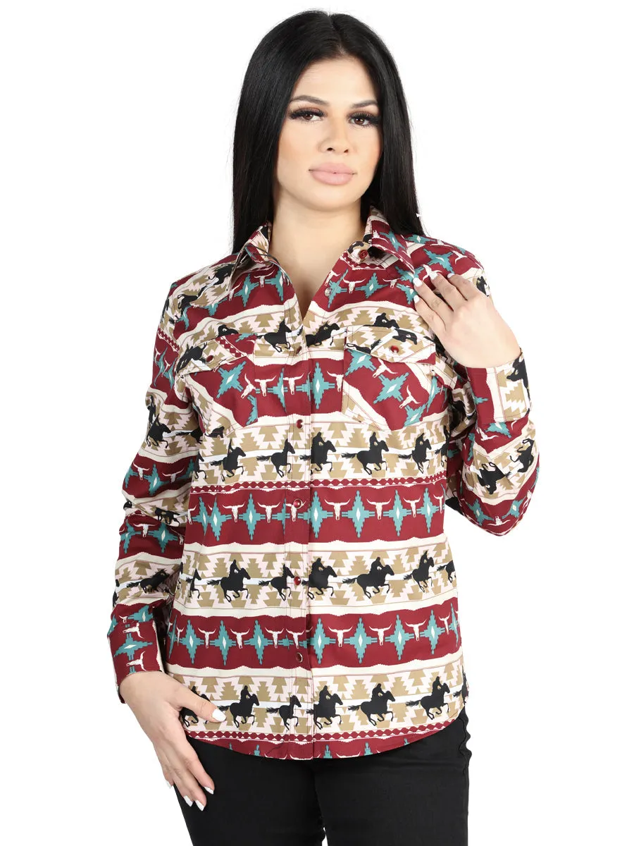 Camisa Vaquera Manga Larga Estampada Caballos Marfil para Mujer 'El Señor de los Cielos' - ID: 44480
