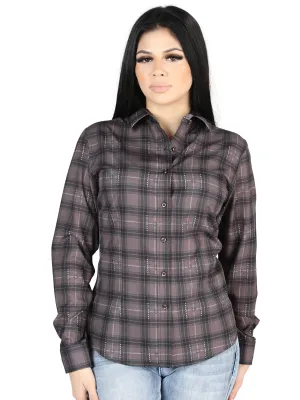 Camisa Vaquera Manga Larga Estampada Cuadros Moka/Olivo para Mujer 'El Señor de los Cielos' - ID: 44729