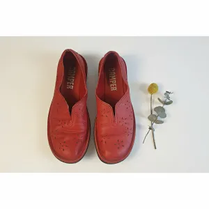 Camper second hand red perforated leather flat slide on shoes size 39