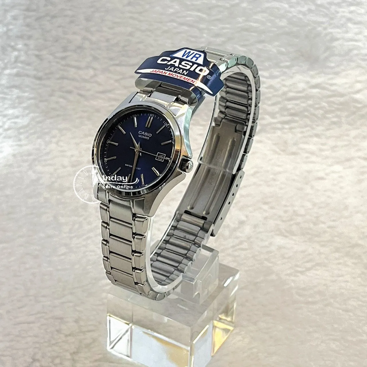 Casio Fashion Women's Watch LTP-1183A-2A Silver and Blue Stainless Steel Band Triple-fold Clasp Mineral Glass