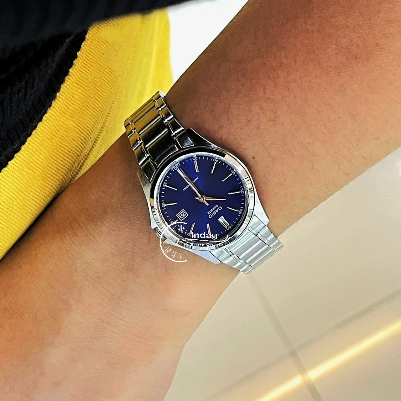 Casio Fashion Women's Watch LTP-1183A-2A Silver and Blue Stainless Steel Band Triple-fold Clasp Mineral Glass