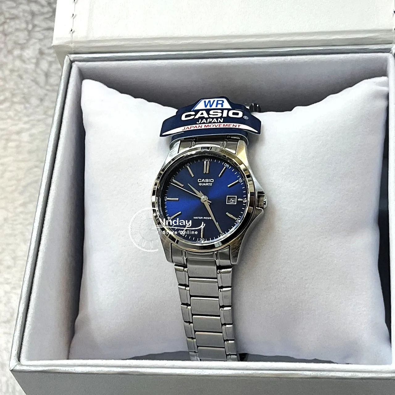 Casio Fashion Women's Watch LTP-1183A-2A Silver and Blue Stainless Steel Band Triple-fold Clasp Mineral Glass