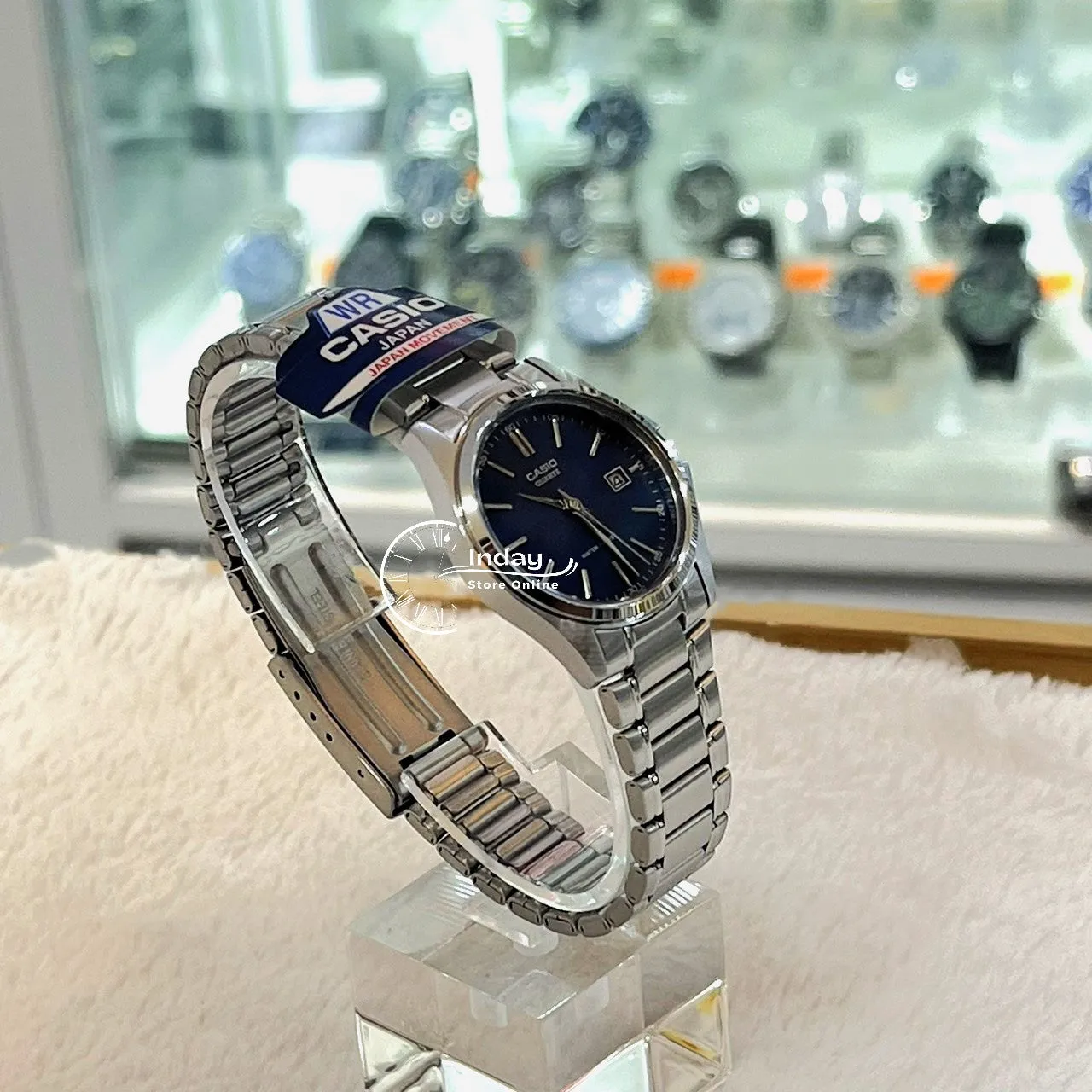 Casio Fashion Women's Watch LTP-1183A-2A Silver and Blue Stainless Steel Band Triple-fold Clasp Mineral Glass