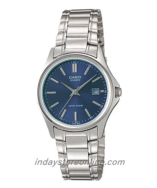 Casio Fashion Women's Watch LTP-1183A-2A Silver and Blue Stainless Steel Band Triple-fold Clasp Mineral Glass