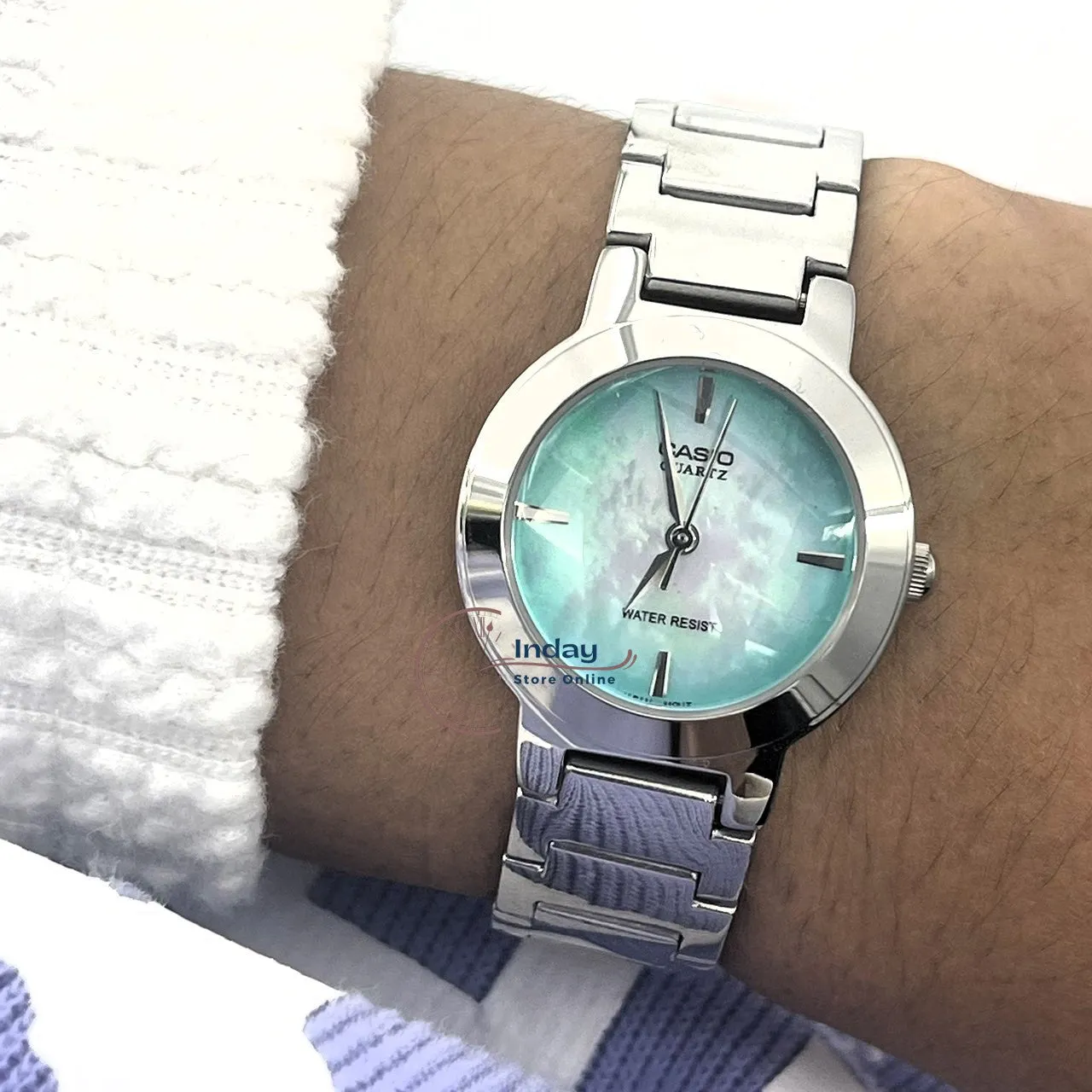 Casio Fashion Women's Watch LTP-1191A-3C Silver/Green Stainless Steel Band