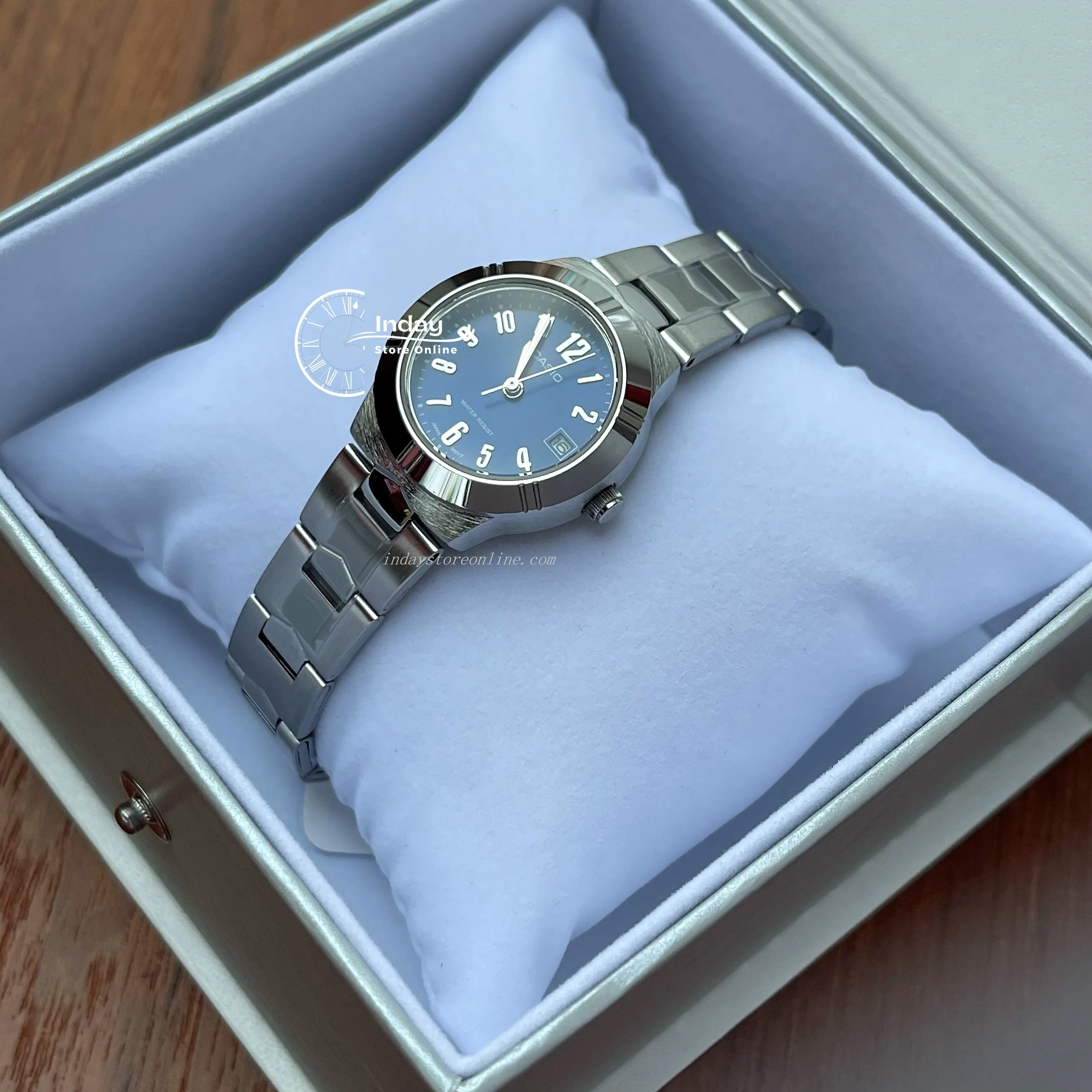 Casio Fashion Women's Watch LTP-1241D-2A2 Silver/Blue Stainless Steel Band Mineral Glass Triple-fold Clasp