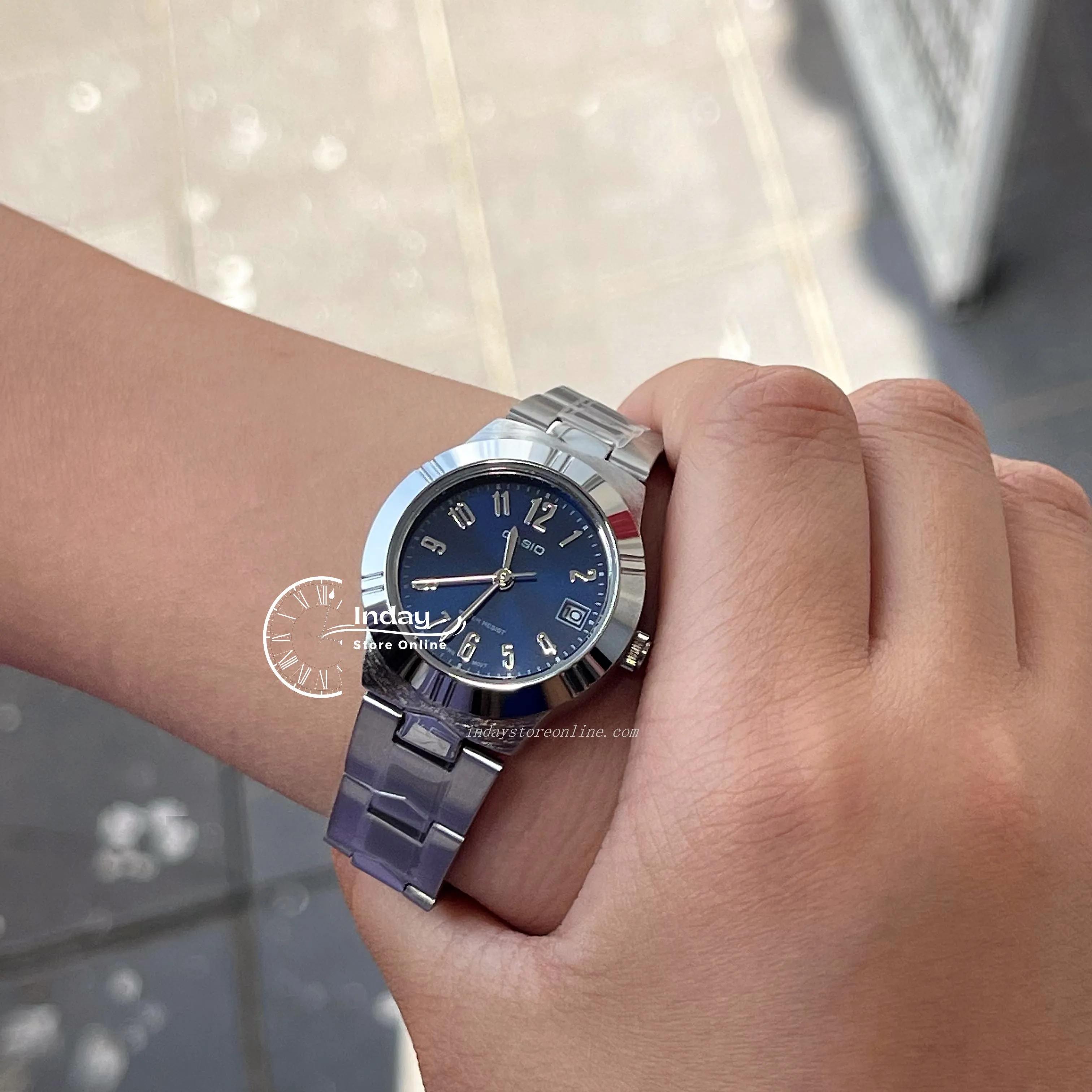 Casio Fashion Women's Watch LTP-1241D-2A2 Silver/Blue Stainless Steel Band Mineral Glass Triple-fold Clasp