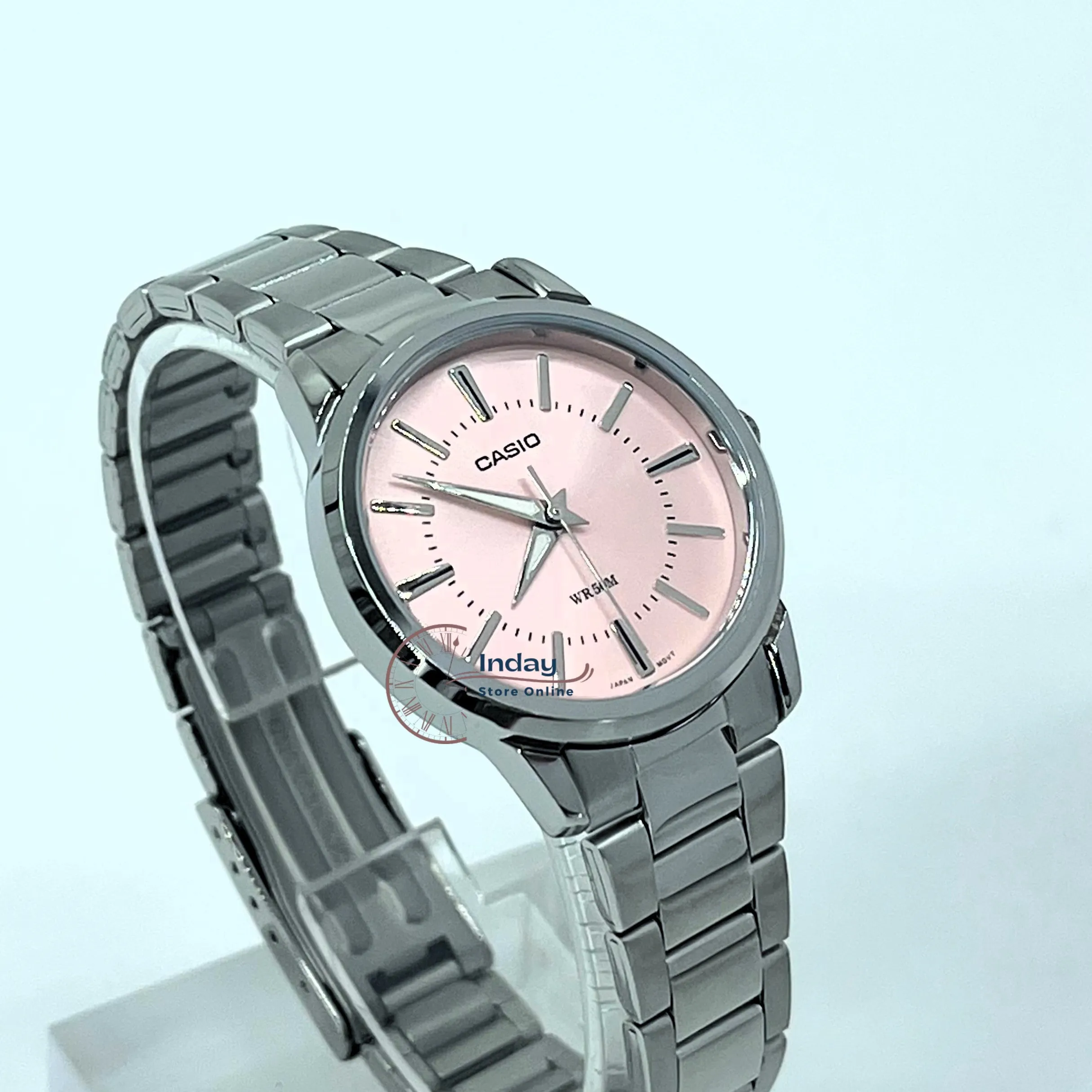 Casio Fashion Women's Watch LTP-1303D-4A Silver/Pink Stainless Steel Band Mineral Glass Triple-fold Clasp
