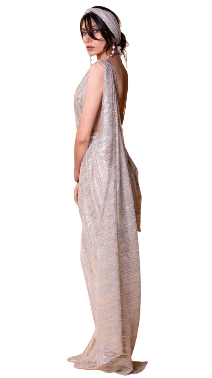 Champagne Metallic Pre-Draped Belted Sari
