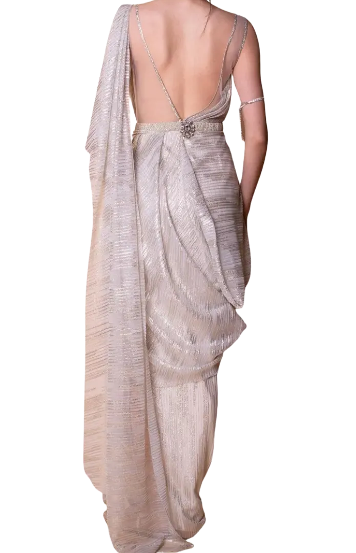 Champagne Metallic Pre-Draped Belted Sari