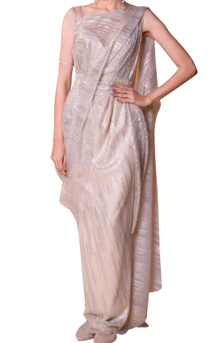 Champagne Metallic Pre-Draped Belted Sari