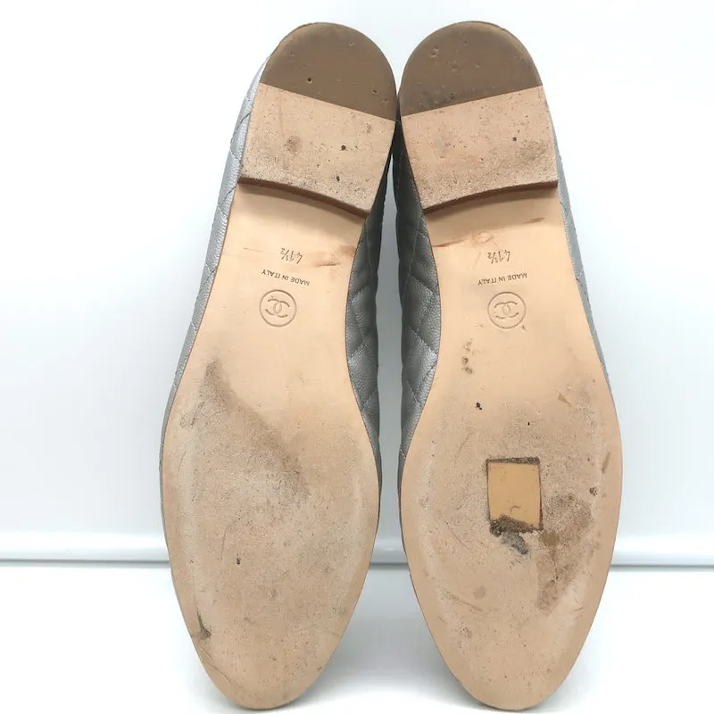 Chanel CC Cap Toe Bow Ballet Flats Silver Metallic Quilted Leather Size 41.5