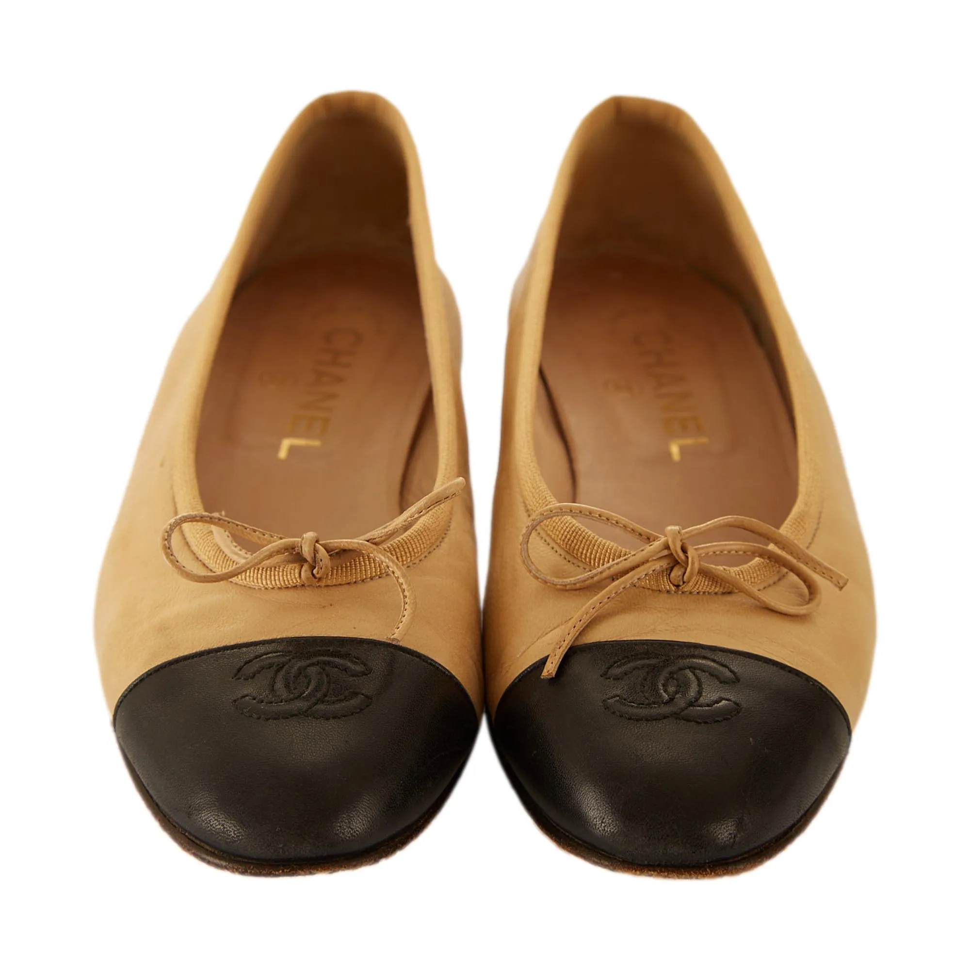 Chanel Tan and Black Logo Flats