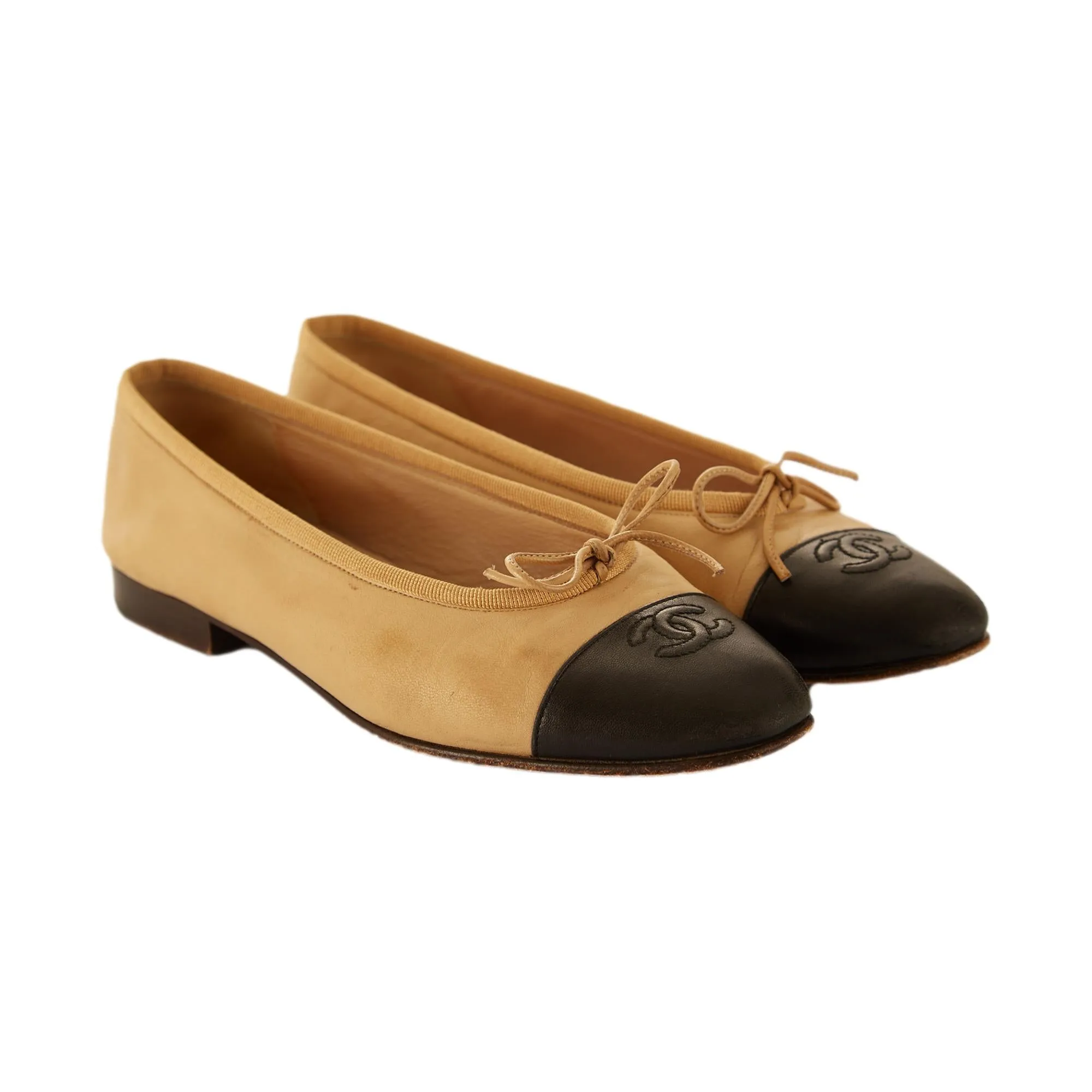 Chanel Tan and Black Logo Flats
