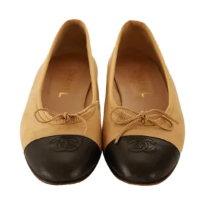 Chanel Tan and Black Logo Flats
