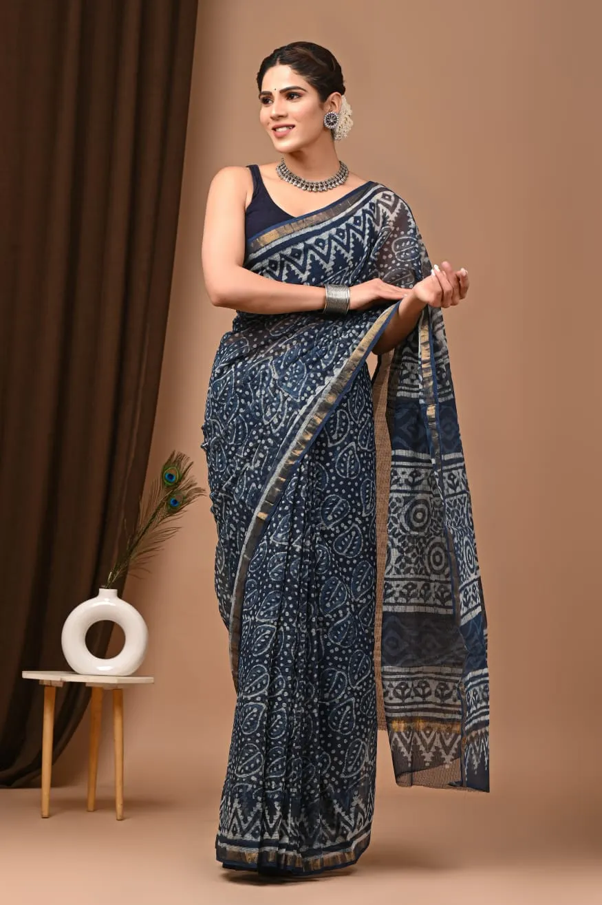 Charming Blue Traditional Kota Doria Print Saree