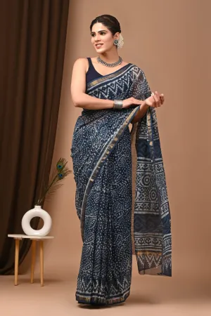 Charming Blue Traditional Kota Doria Print Saree